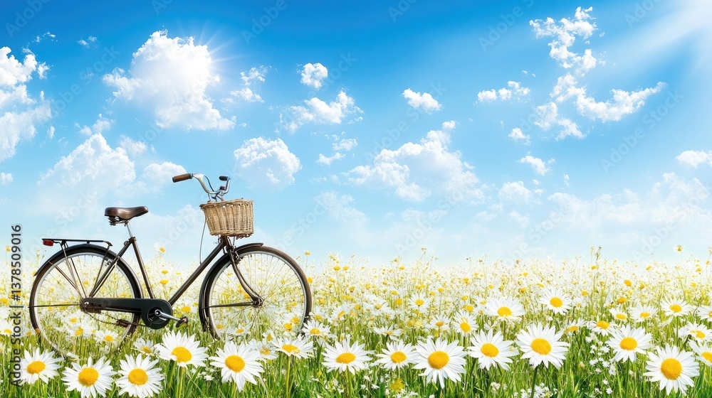 Naklejka premium Vintage Bicycle in a Daisy Field under a Sunny Sky