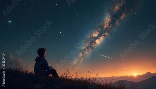 Young boy gazing at night sky filled with stars, Milky Way. Child exploring cosmos, learning about universe, planets. Boy dreaming of astronomy, space exploration. Concept of childhood dreams,