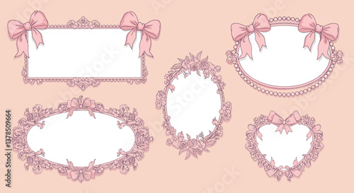 Pretty pink floral frames with bows, perfect for adding a touch of elegance to your designs.