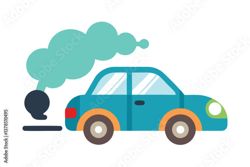 Cartoon Blue Car Flat Design Emitting Teal Smoke on White Background
