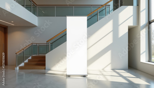 Wallpaper Mural Vertical banner mockup. Blank roll up banner mockup in spacious lobby with sunlight Torontodigital.ca