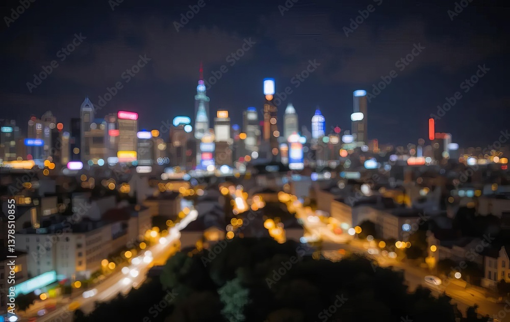 Fototapeta premium A city skyline at night with bokeh lights in the foreground