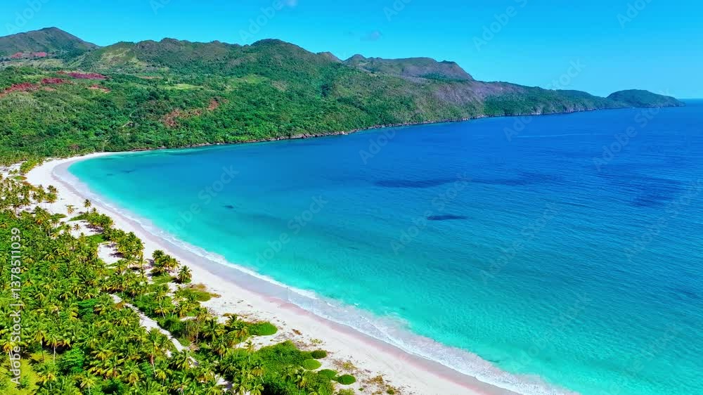 Blue ocean at idyllic sandy beach of natural tropical island with lush palm trees. Picturesque mountainous Samana island, drone view. Palm trees in Caribbean landscape, aerial view. Blue ocean at idyllic sandy beach of natural tropical island with lush palm trees. Picturesque mountainous Samana island, drone view. Palm trees in Caribbean landscape, aerial view.
