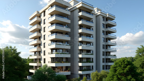 Modern White Apartment Building with Balconies Surrounded by Lush Green Trees Under a Bright Sky, Residential Architecture, Urban Living in Nature, Exterior View.