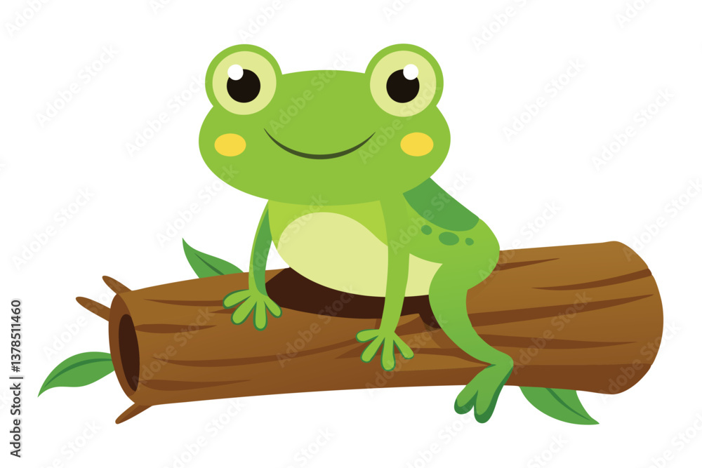 Fototapeta premium Cartoon Green Frog Sitting On a Log with Leaves on a White Background