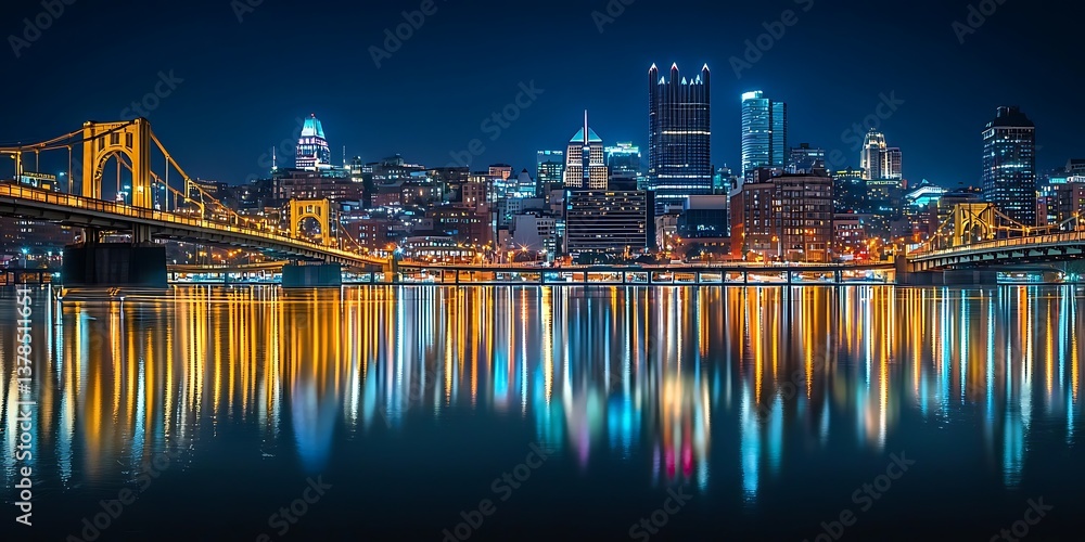 Fototapeta premium Pittsburgh Pennsylvania Skyline at Night with River Reflections, Beautiful