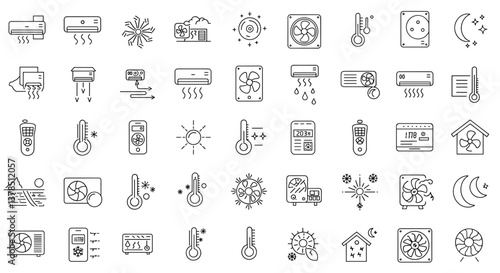 HVAC system icons set. Air conditioner, fan, temperature control, and more.