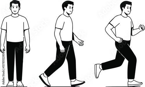Man stands, walk and run icon set. People symbol. Person standing, walking and running illustration. Run, walk, stand