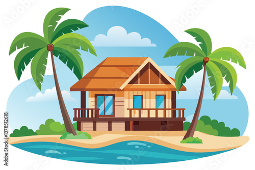 Beach House at Tropical Island, Palm Trees, Sea View and Blue Sky Art
