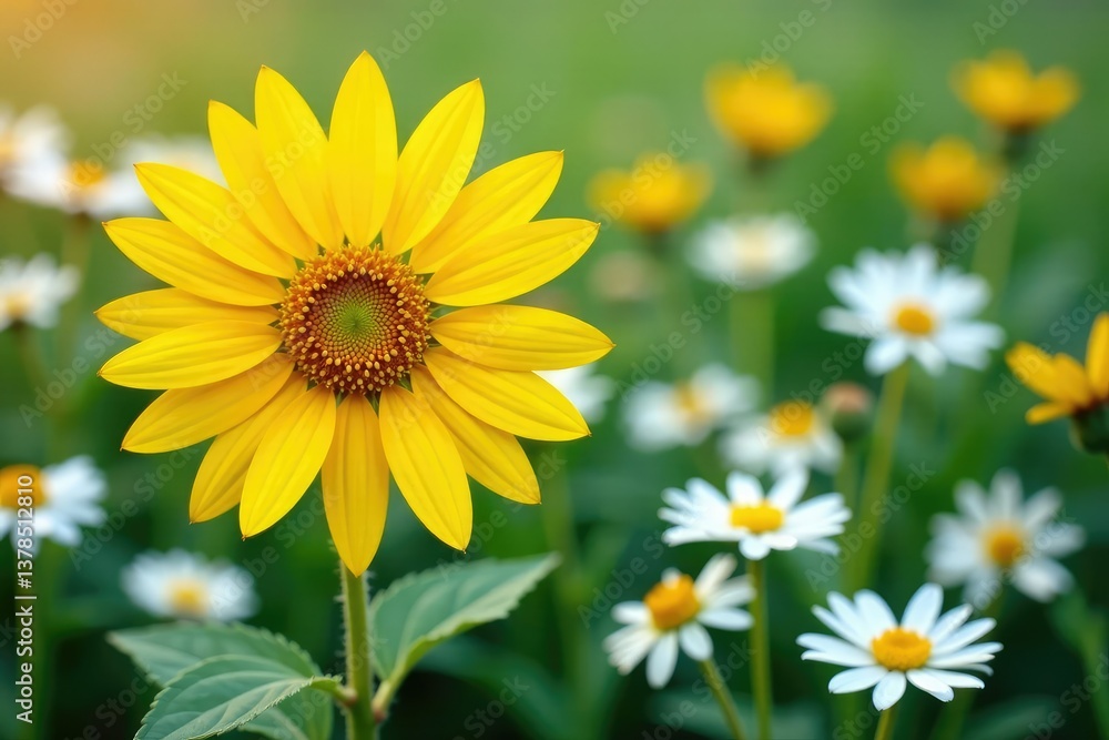 Fototapeta premium One bright yellow sunflower among white daisies, graphic, element, bloom
