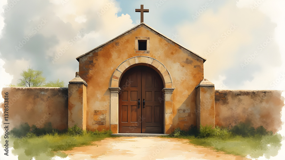 Fototapeta premium Rustic Stone Chapel with Wooden Doors and a Cross Under a Cloudy Sky, Old World Architecture, Religious Building, Serene and Historic Scene.