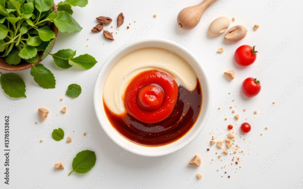 An artistic arrangement of condiments with fresh herbs and cherry tomatoes on a clean background An artistic arrangement of condiments with fresh herbs and cherry tomatoes on a clean background