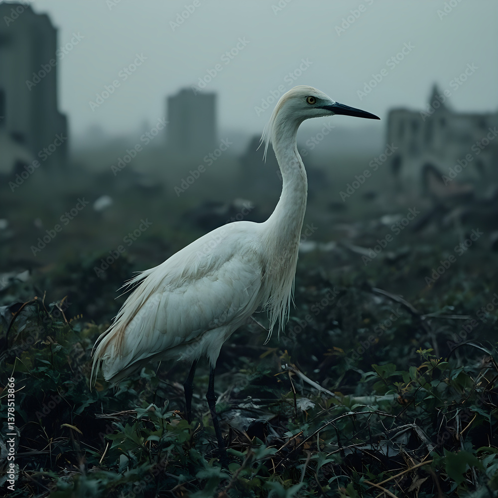 Fototapeta premium A white egret stands amidst vegetation with a hazy, urban backdrop in the distance.