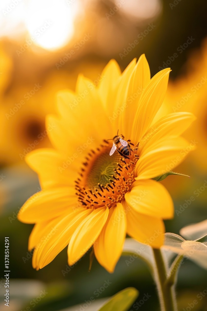 Golden sunflower with vibrant petals attracts buzzing bee, captu Golden sunflower with vibrant petals attracts buzzing bee, captu