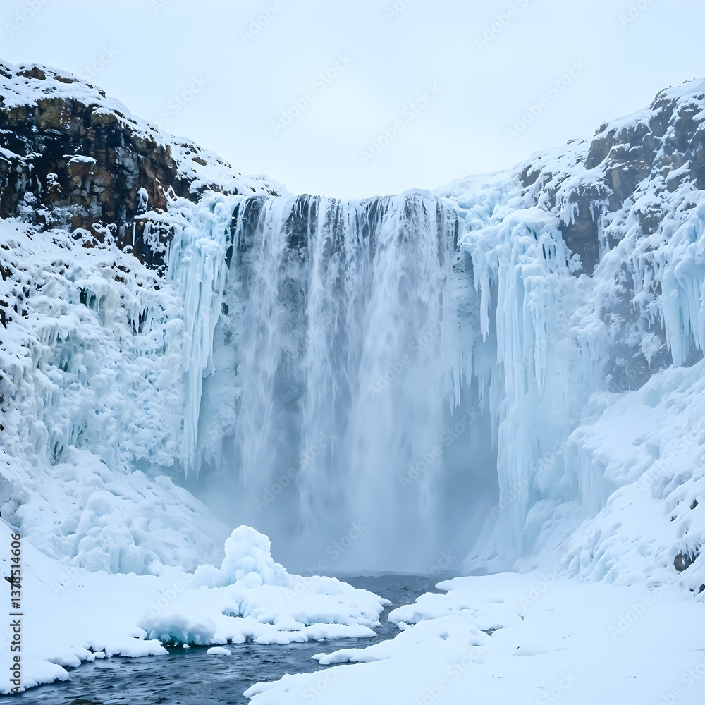 Fototapeta premium A frozen waterfall cascades down snow-covered cliffs, with icicles hanging from the sides and a serene, snow-blanketed river in the foreground.