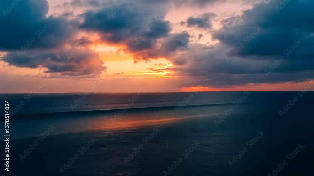 Serene sunset over calm ocean waves with dramatic clouds reflecting vibrant colors in the sky Serene sunset over calm ocean waves with dramatic clouds reflecting vibrant colors in the sky
