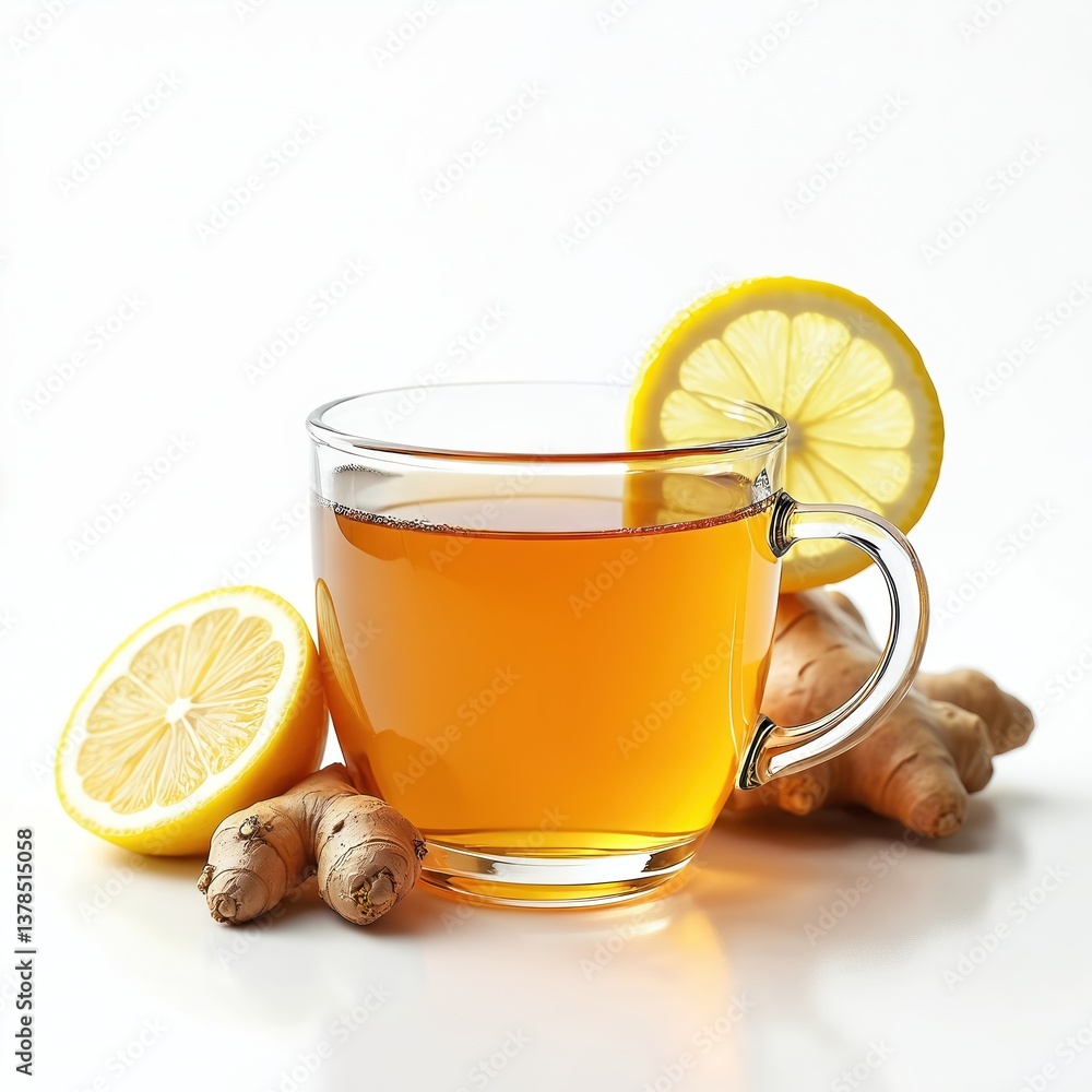 Glass cup ginger honey lemon tea on white background. Slices of lemon and ginger, warm healthy drink. Natural ingredients, immune system boost. Popular home remedy for flu, cold relief. Glass cup ginger honey lemon tea on white background. Slices of lemon and ginger, warm healthy drink. Natural ingredients, immune system boost. Popular home remedy for flu, cold relief.