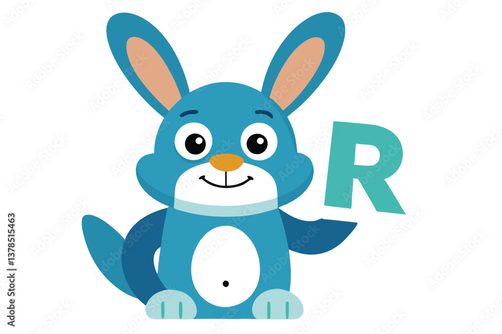 Fototapeta premium Cartoon Blue Rabbit Character Holding the Letter R with Transparent Background