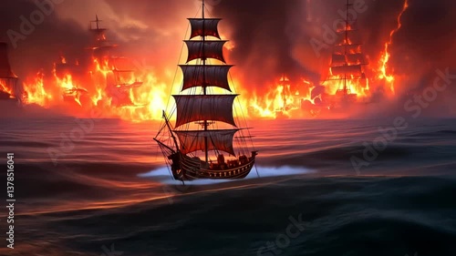 A lone ship sails through a fiery sea of burning vessels