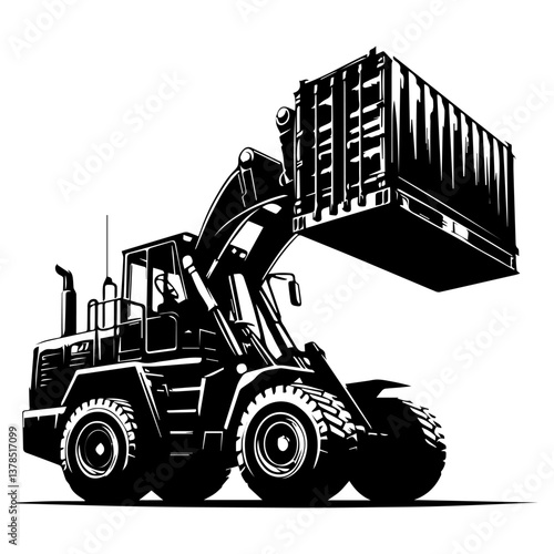 A black and white silhouette of a loader with a container on a white isolated background. Vector graphics. EPS.