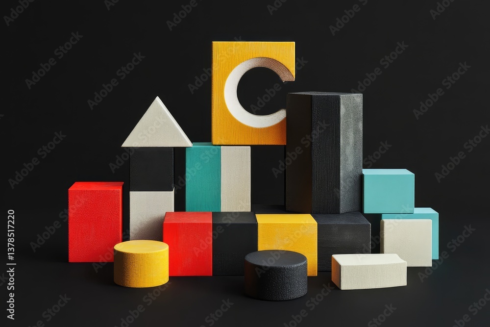 Obraz premium Geometric blocks on black background, 3D render. AI generated illustration.
