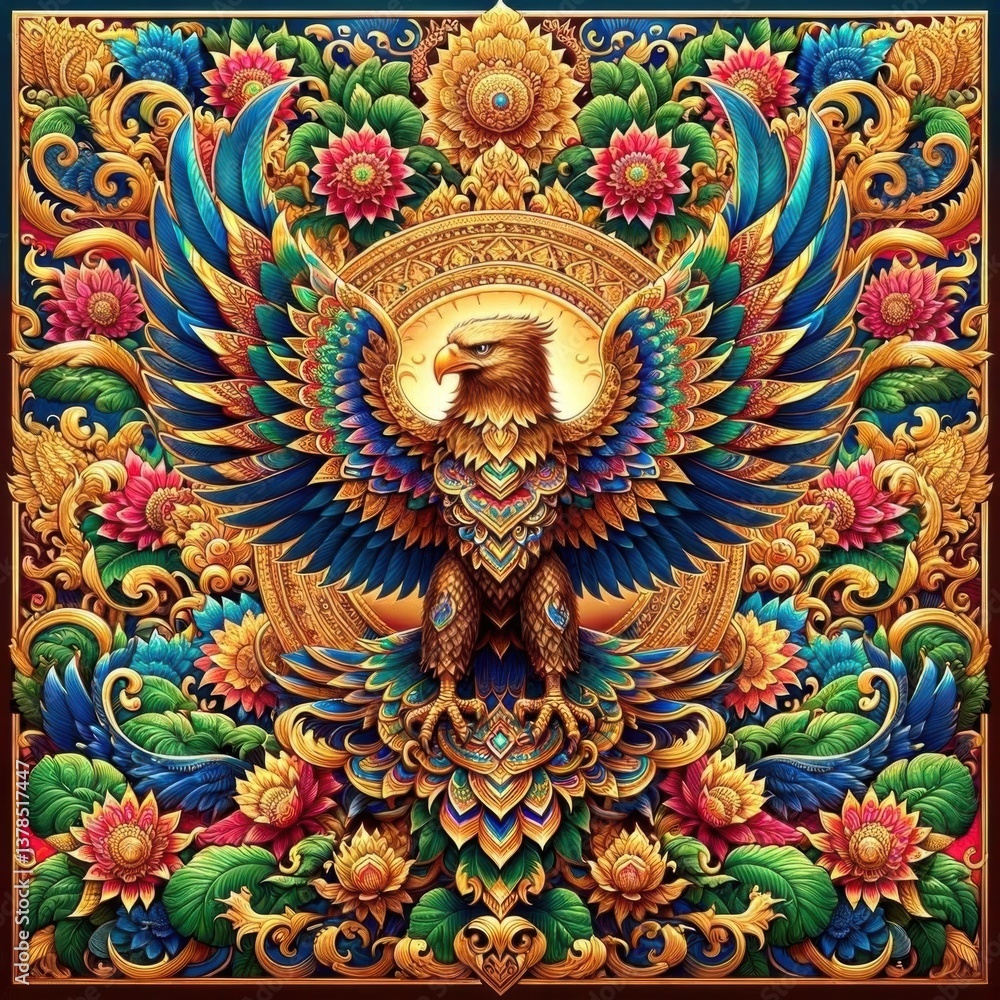 Fototapeta premium Vibrant Eagle with Floral Patterns and Ornate Design