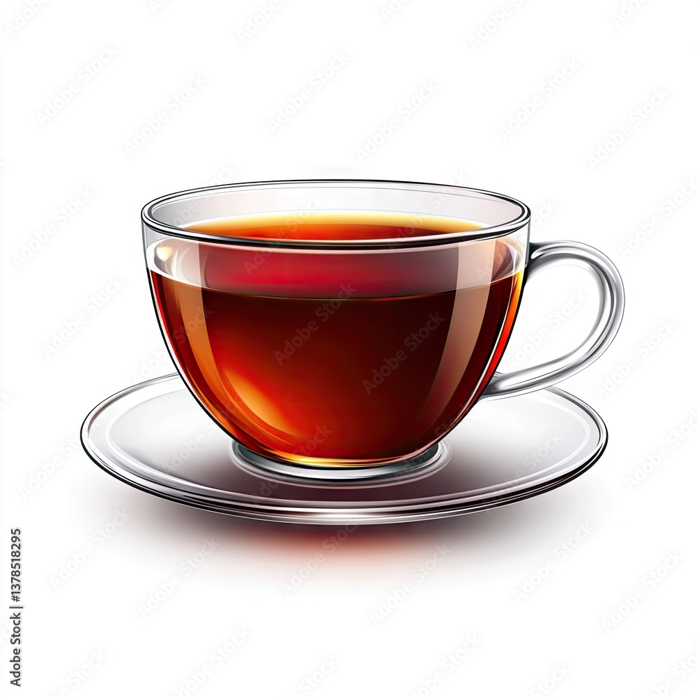 Transparent glass teacup filled with dark tea, on saucer Transparent glass teacup filled with dark tea, on saucer