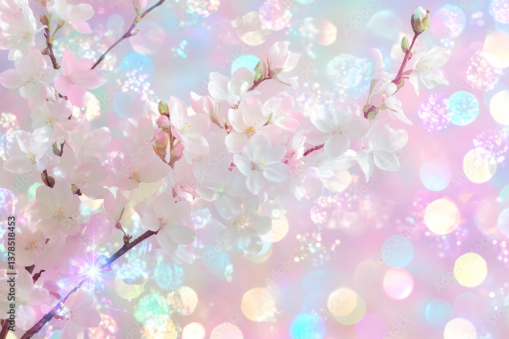 Fototapeta premium Ethereal Spring Cherry Blossom background, Iridescent Pastel Rainbow Color, with a magical and dreamy feel