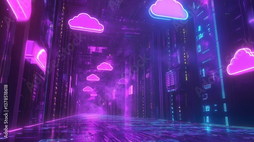 A digital illustration depicts cloud computing technology with several luminous