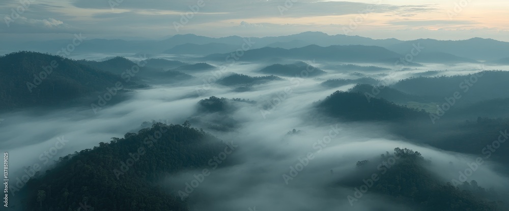 Fog rolling over forested mountain peaks with a hazy sky in the distance Fog rolling over forested mountain peaks with a hazy sky in the distance