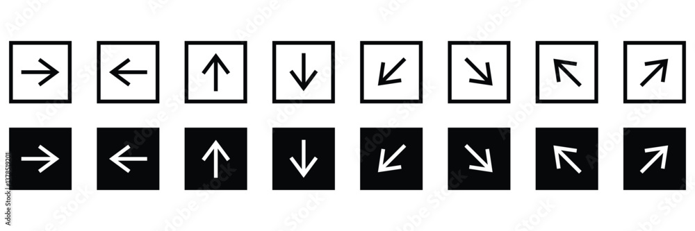 Arrow buttons icon set. Flat, outlined, black arrow sign collection. Website slider navigation symbols. Next and previous square buttons for app illustration. Arrow buttons icon set. Flat, outlined, black arrow sign collection. Website slider navigation symbols. Next and previous square buttons for app illustration.