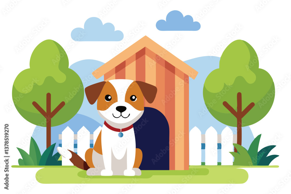 Naklejka premium Cute Cartoon Dog with Red Collar Sitting near Doghouse, Green Trees & Fence