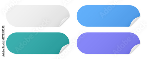 Set of long rounded paper stickers with silver foil back. Stick in notes. White, blue, teak green and purple colors. Multicolor post it notes. Sheets of paper. Tag, sticky note