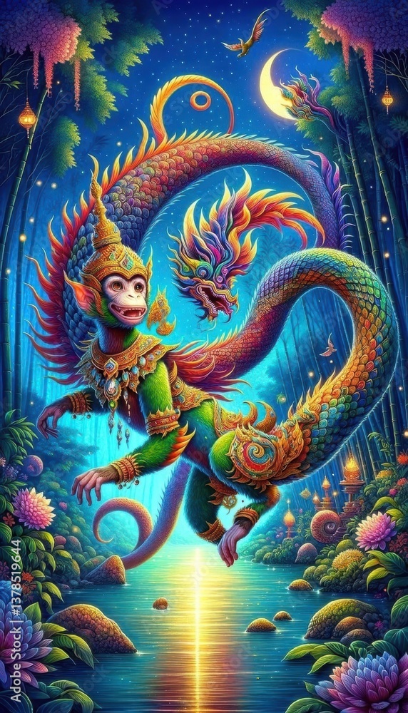 Obraz premium Colorful Fantasy Creature in Vibrant Jungle Setting