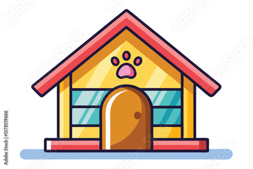 Cute Cartoon House with Paw Print Icon and Transparent Background, Red Roof