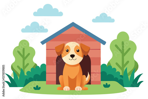 Cute Puppy Sitting in Doghouse with Tree and Clouds Flat