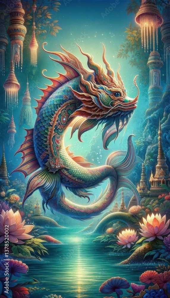 Naklejka premium Majestic Dragon Fish in Enchanting Water Scene