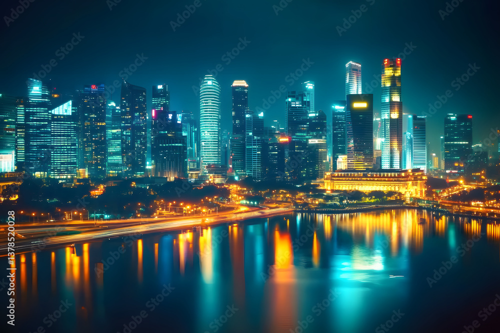 Fototapeta premium A blurry photo of a city's skyline at night with bright lights and bustling streets