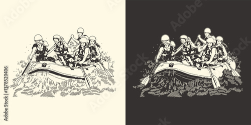 Vector illustration of a rafting team. Water sports, summer sports, river rafting.