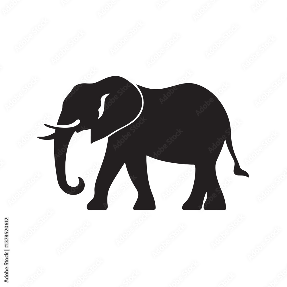 Elephant silhouette vector illustration walking in nature with tusks and trunk, large gray pachyderm isolated on white background Elephant silhouette vector illustration walking in nature with tusks and trunk, large gray pachyderm isolated on white background