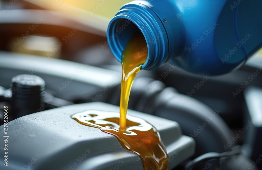 Mechanic pours oil into car engine during service. Auto maintenance, motor repair, lubrication, and transmission work. Filling the lubricant during oil change, vehicle care. Mechanic pours oil into car engine during service. Auto maintenance, motor repair, lubrication, and transmission work. Filling the lubricant during oil change, vehicle care.