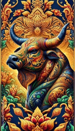 Wallpaper Mural Colorful Decorative Bull Design with Intricate Patterns Torontodigital.ca