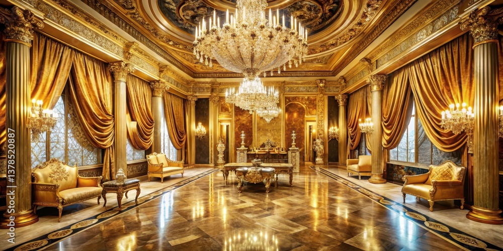 Obraz premium Opulent gold chamber filled with glittering jewels and rare artifacts amidst velvet drapes and polished marble floors, jewels