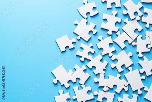 Scattered white jigsaw puzzle pieces on a vibrant light blue background