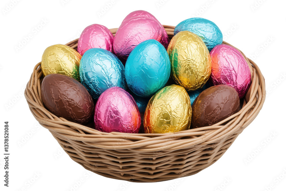 Colorful foil-wrapped easter eggs in a wicker basket, cut out Colorful foil-wrapped easter eggs in a wicker basket, cut out