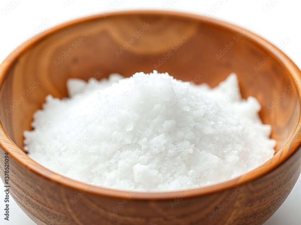 Close-up View of White Granulated Sugar Piled in a Wooden Bowl isolated on a White Background Close-up View of White Granulated Sugar Piled in a Wooden Bowl isolated on a White Background