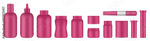 Set of medical pill bottles. Crimson red jar with lid. Plastic medicine container. 3d mockup of a packaging for pharmacy. Effervescent tablet tubes, insulin pen