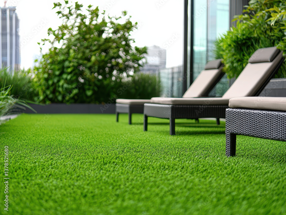 Lounge chairs on lush urban garden terrace with synthetic grass Lounge chairs on lush urban garden terrace with synthetic grass