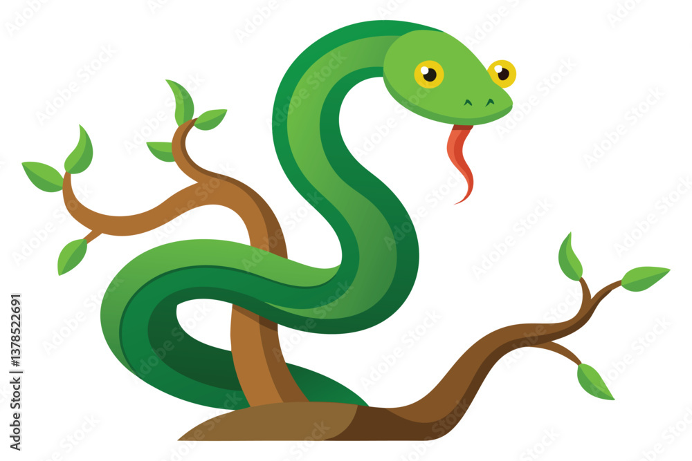 Fototapeta premium Cartoon Green Snake Wrapped Around Tree Branch with Leaves Isolated on White