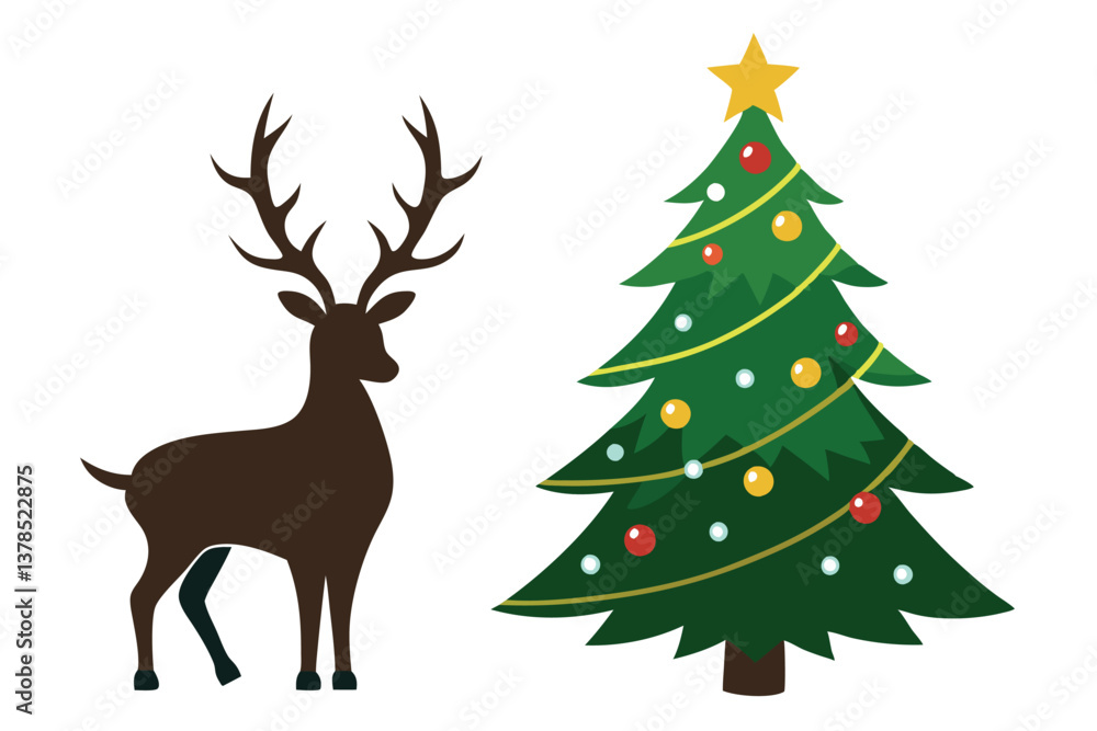 Festive Reindeer Silhouette and Decorated Christmas Tree on a White Background Festive Reindeer Silhouette and Decorated Christmas Tree on a White Background